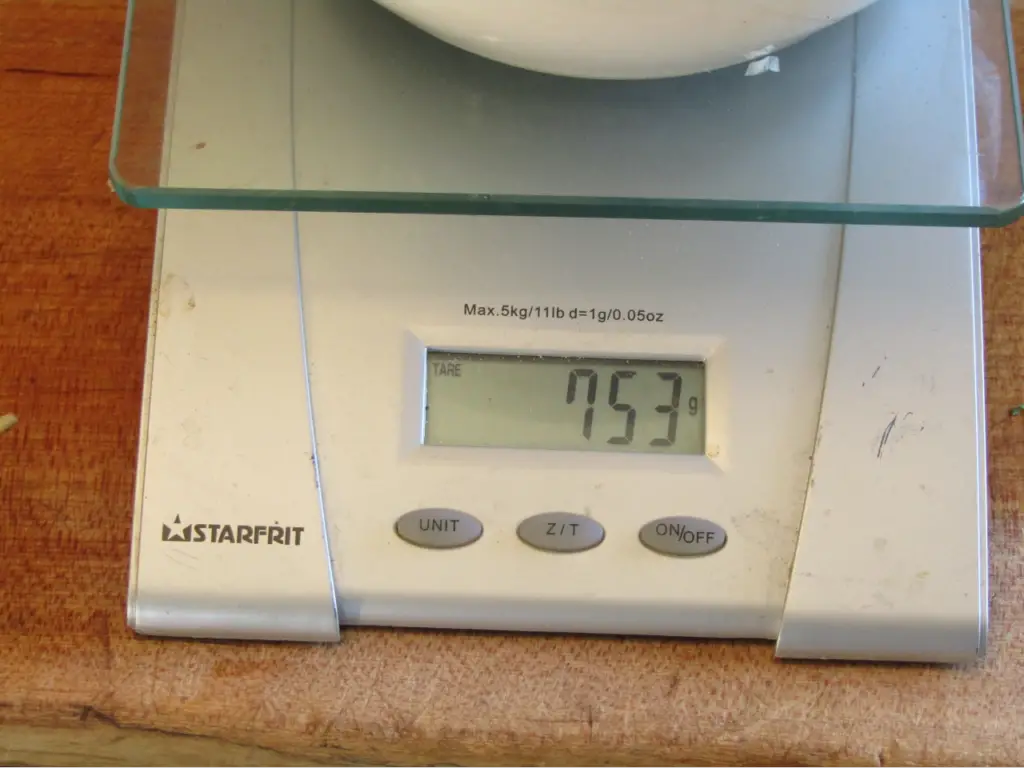 digital scale with bowl full of salsa ingredients being weighed.  Reading 753grams