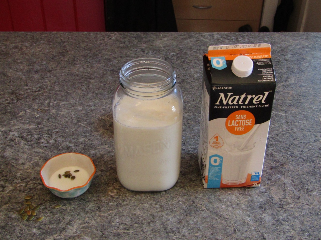 large mason jar filled with lactose freee yogurt with the milk carton and a small bowl of the yogurt