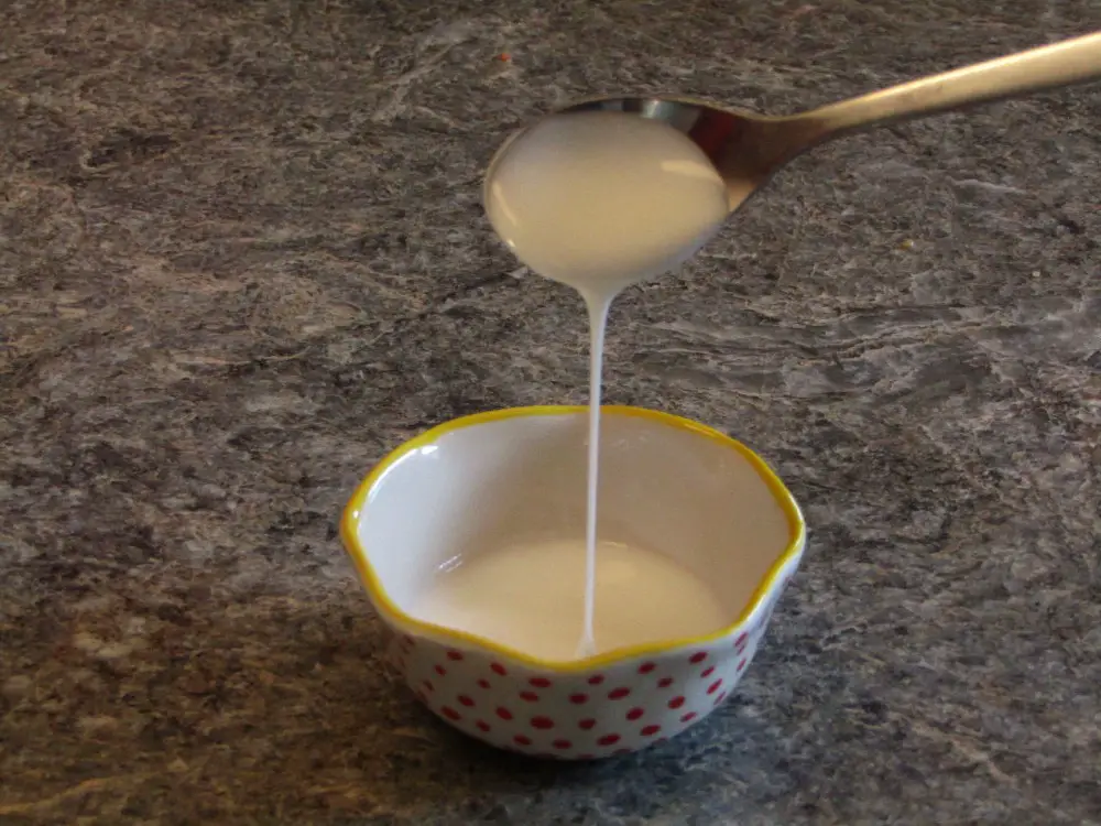 A bowl of runny yogurt on a spoon
