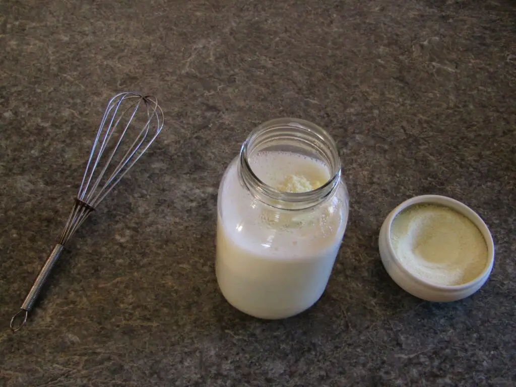 A mason jar with powdered milk added. a whisk for mixing the powder into the milk with a bowl of milk powder beside