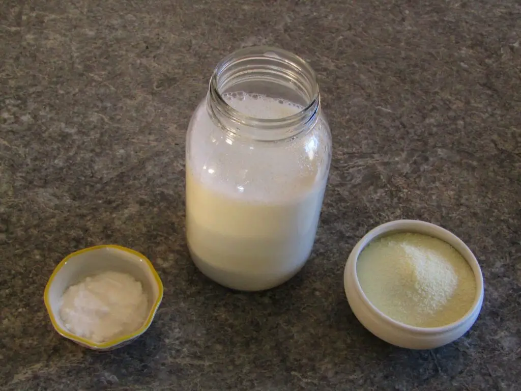 Ingredients for making yogurt with added milk powder: milk, powdered milk and yogurt culture
