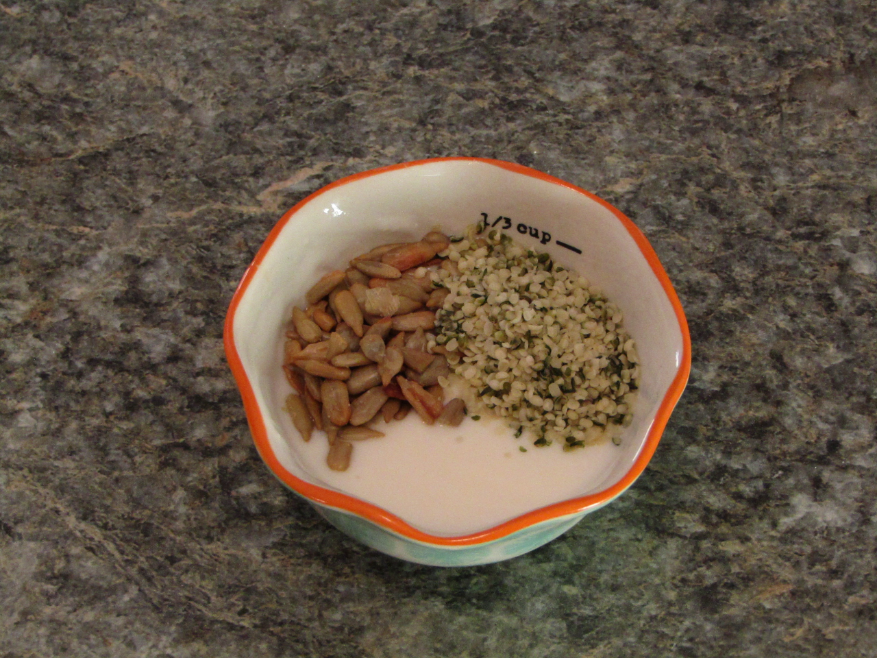 yogurt in a bowl with sunflower seeds and hemp hearts