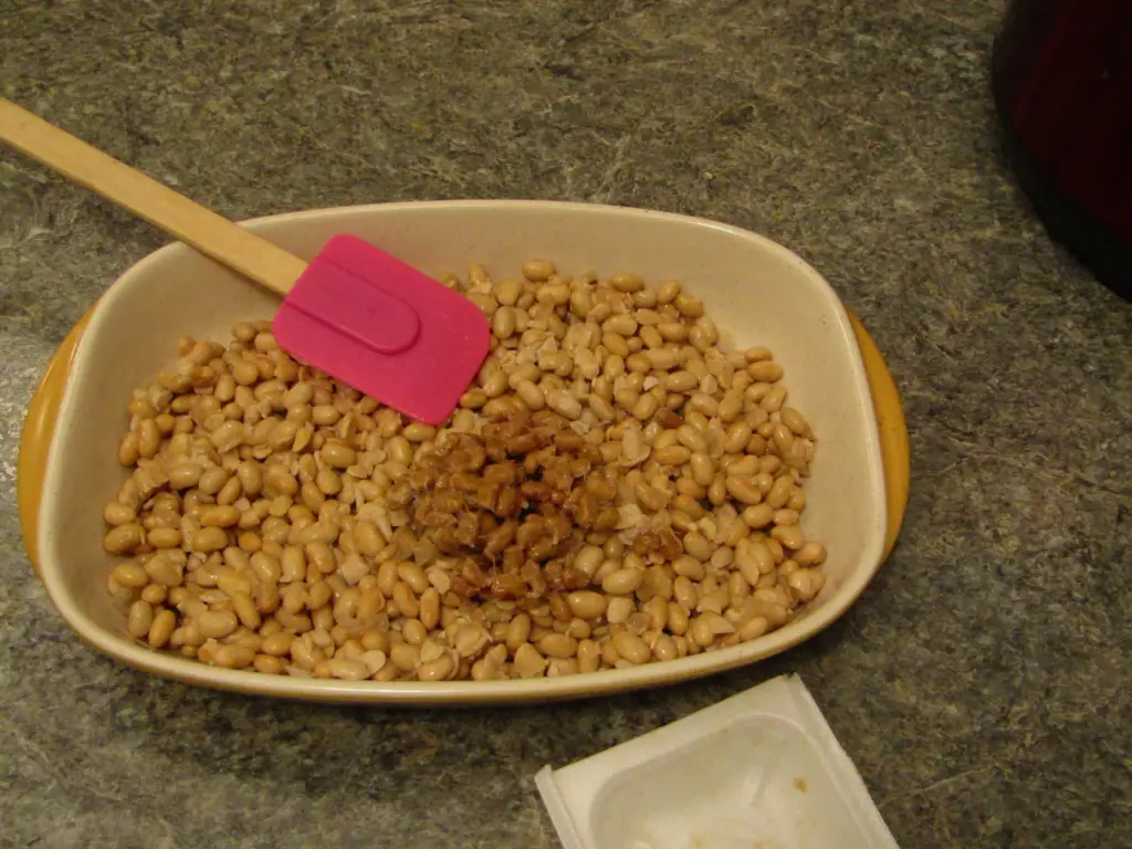 store bought natto beans on top of cooked soy beans in a pan